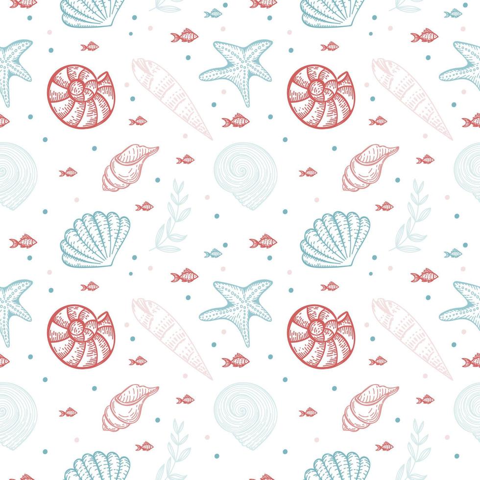 Seamless pattern, hand-drawn sea creatures in sketch style. Shells and seaweed. Pastel palette. White background. Isolated. Summer. Ocean. Flat design. Vector illustration