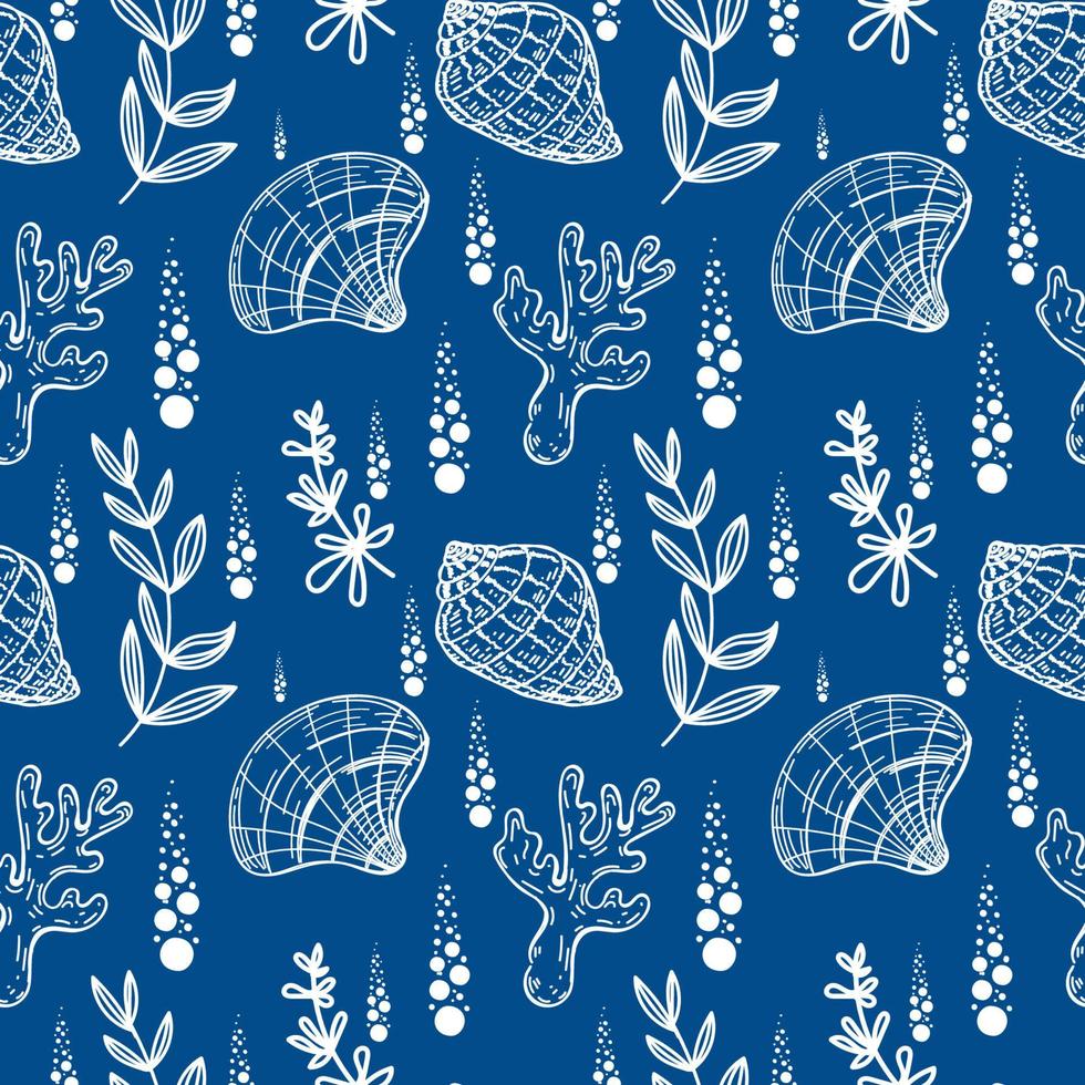 Seamless pattern, hand-drawn sea creatures in sketch style. Shells, coral and seaweed. Monochrome palette. Reef. White background. Isolated. Summer. Ocean. Flat design. Vector illustration