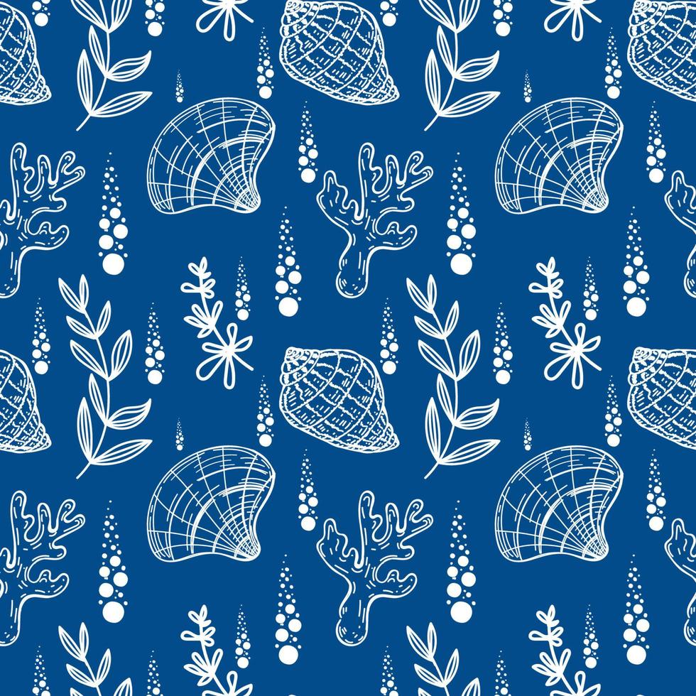 Seamless pattern, hand-drawn sea creatures in sketch style. Shells, coral and seaweed. Monochrome palette. Reef. White background. Isolated. Summer. Ocean. Flat design. Vector illustration