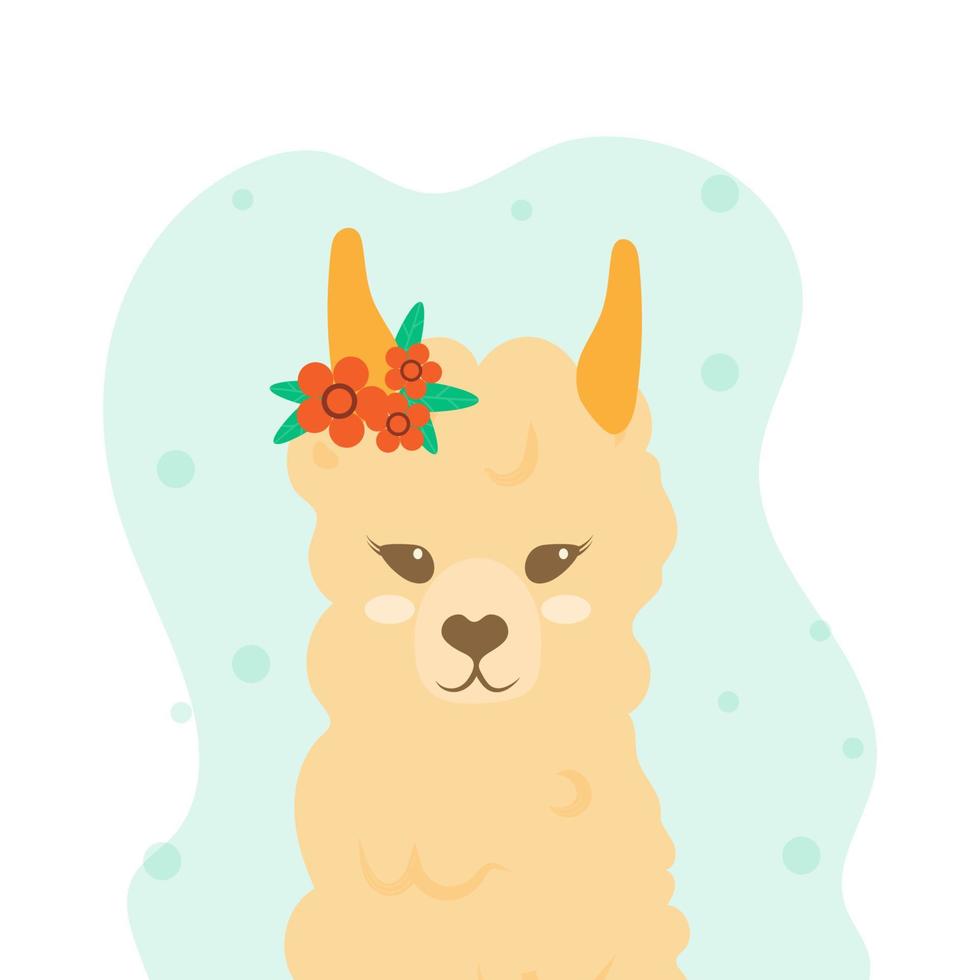 Cute llama in love with flowers on her head. Flat style vector. Postcard with peas and cute animals. Suitable for children's illustrations and t-shirt printing vector