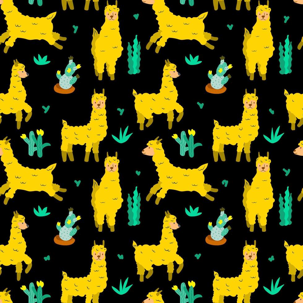 patrón transparente sobre un fondo oscuro. llamas y plantas de color amarillo brillante. animales llama en diferentes poses. vector de estilo plano. Ilustraciones de apto para niños