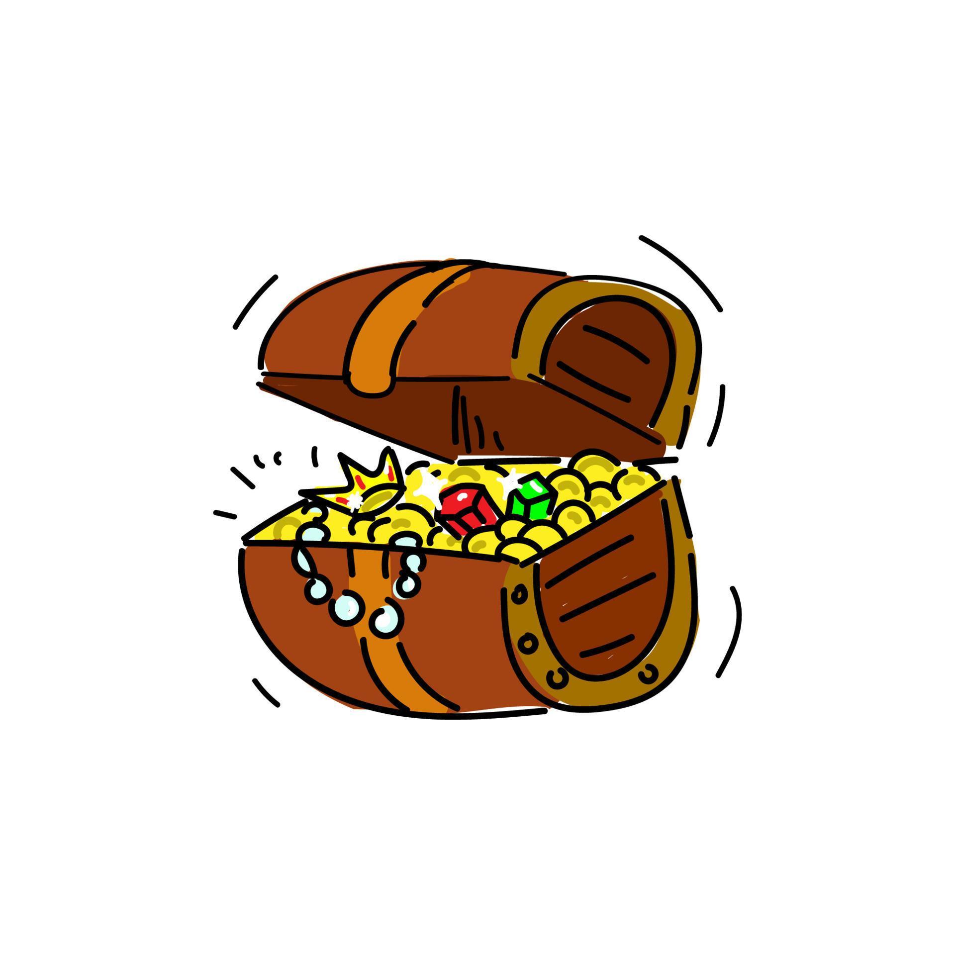 Treasure chest, handdrawn in doodle style. Old coins, crown and gems