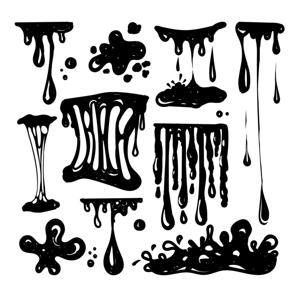 A set for working with blobs. Doodle style drawn elements. Black splashes of slime, stretching slime, toxic dripping slime. Slime splatter and droplets, liquid borders. Isolated vector shapes