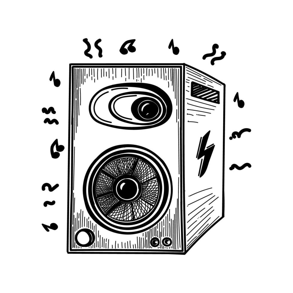 An acoustic speaker, a hand-drawn sketch-style doodle. Music speaker. Professional equipment. Line drawing of a simple audio speaker. Isolated vector illustration