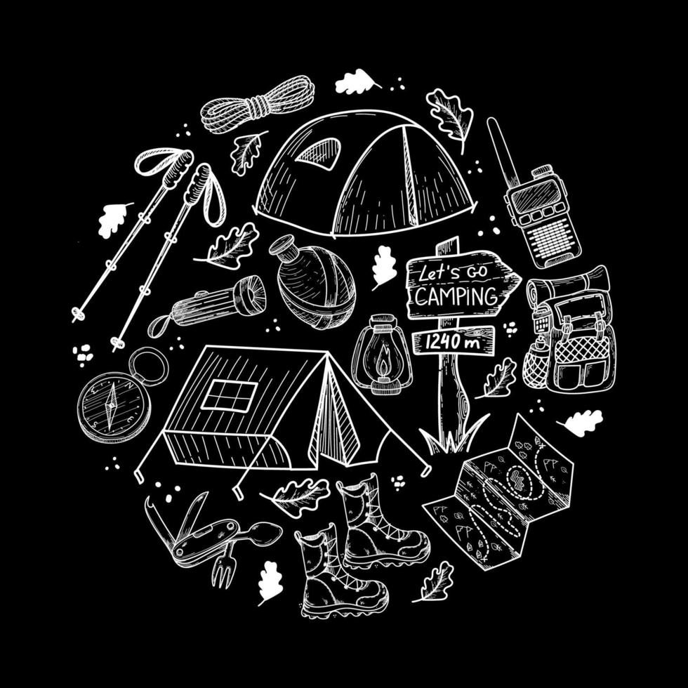 A camping kit with hand-drawn doodle-style elements. The items are arranged in a circle tents, terrain map, backpack, etc. Items for tourism and recreation on a black background. Isolated elements vector