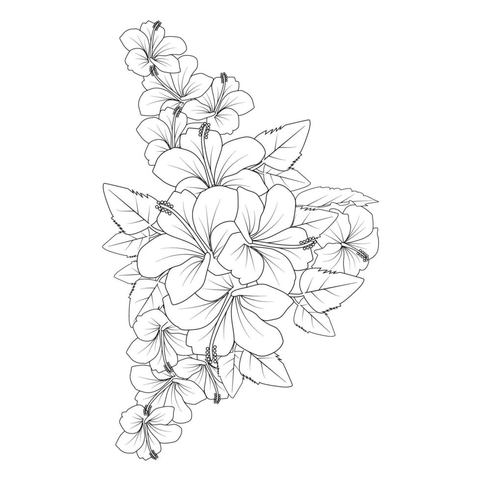 red hibiscus flower coloring page line drawing with print template for kid and adult vector