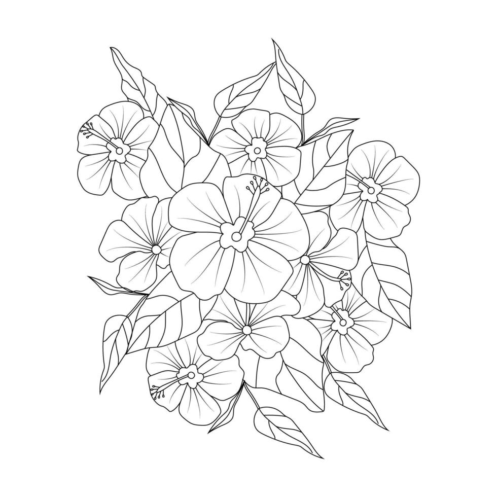 rose of sharon coloring page design with doodly style blooming petal and leaves vector