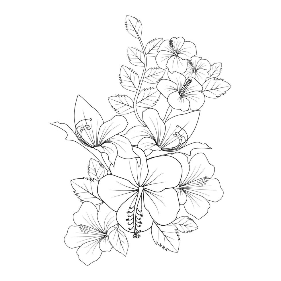 china rose flower doodle coloring page illustration with line art stroke vector