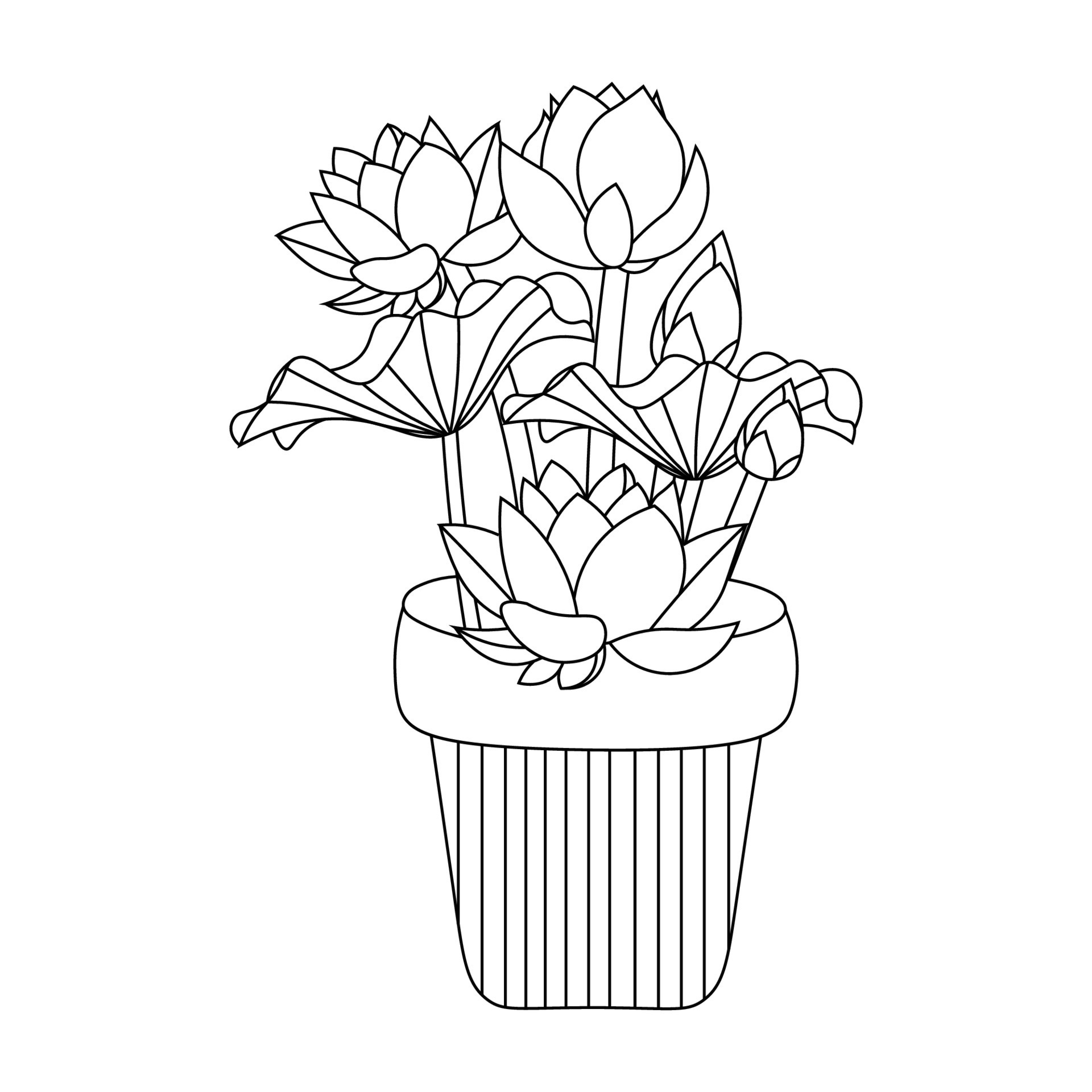 water lily flower with vase and pot coloring page design line art with
