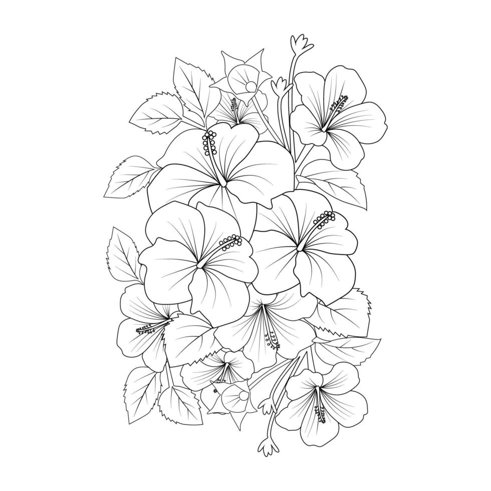 dibujo lineal de página para colorear de flor de hibisco rojo con plantilla de impresión para niños y adultos vector