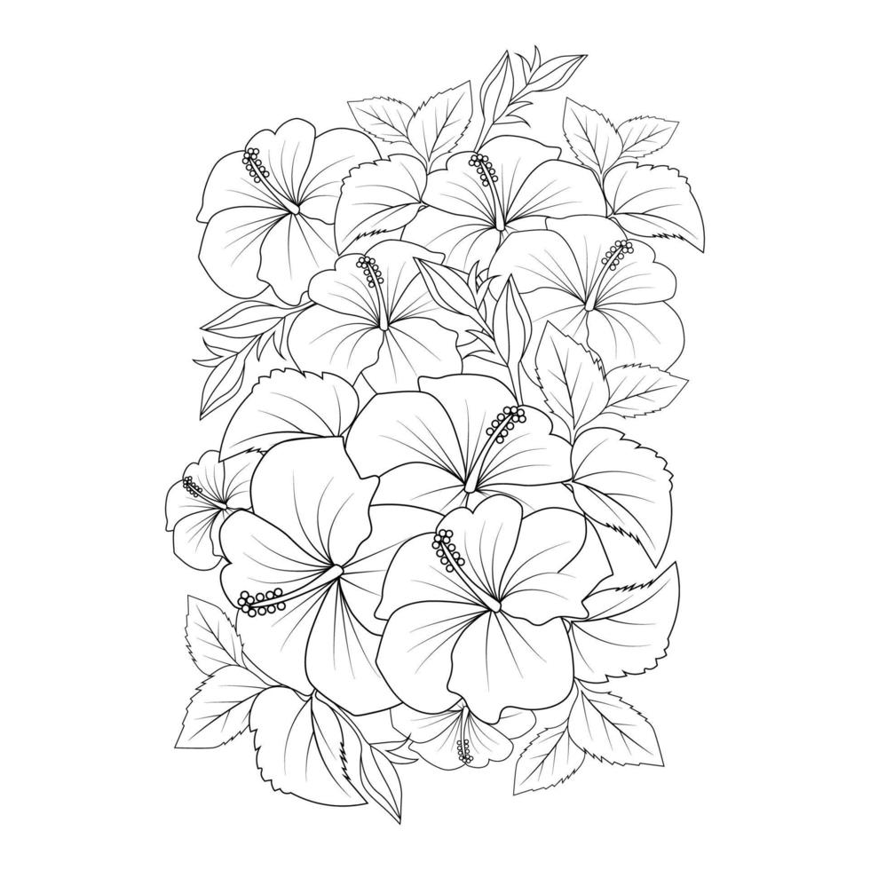 dibujo lineal de página para colorear de flor de hibisco rojo con plantilla de impresión para niños y adultos vector