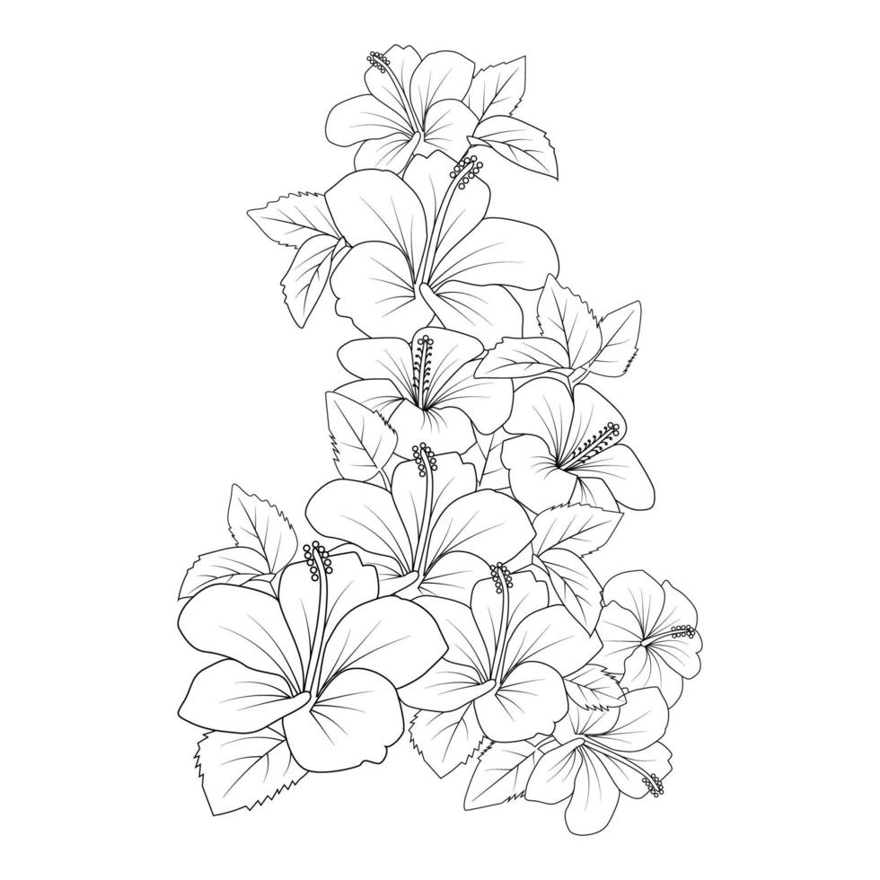 dibujo lineal de página para colorear de flor de hibisco amarillo con plantilla de impresión para niños y adultos vector