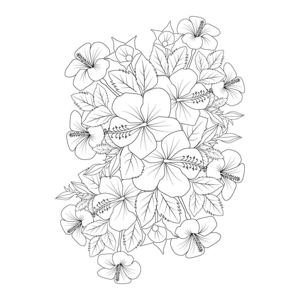 hawaiian flower coloring page illustration with line art stroke of black and white hand drawn vector