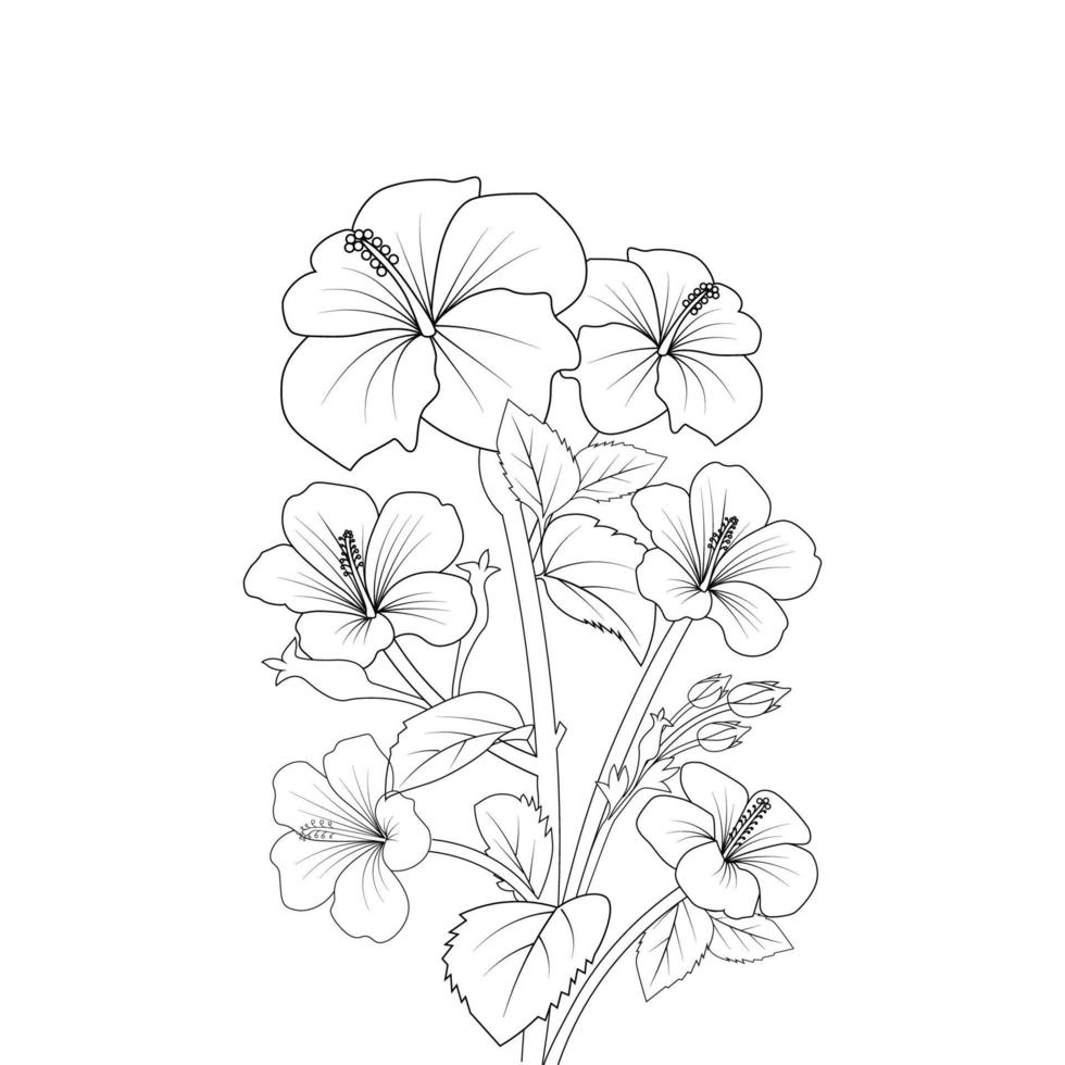 dibujo lineal de página para colorear de flor de hibisco rojo con plantilla de impresión para niños y adultos vector