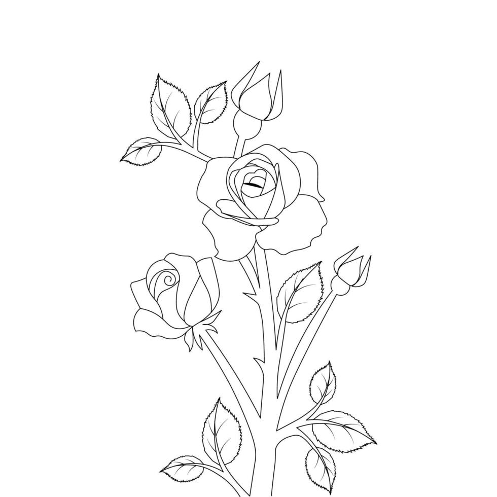 rose flower coloring page template for kids educational print element design vector