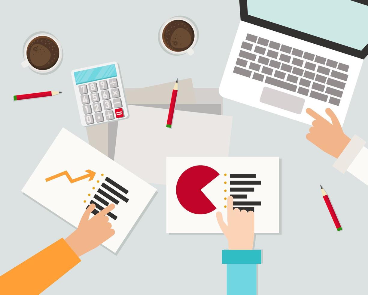 Top view of Business team hands at working with financial plan, meeting, discussion with laptop, paper sheet chart, calculator, pencils and coffee, vector