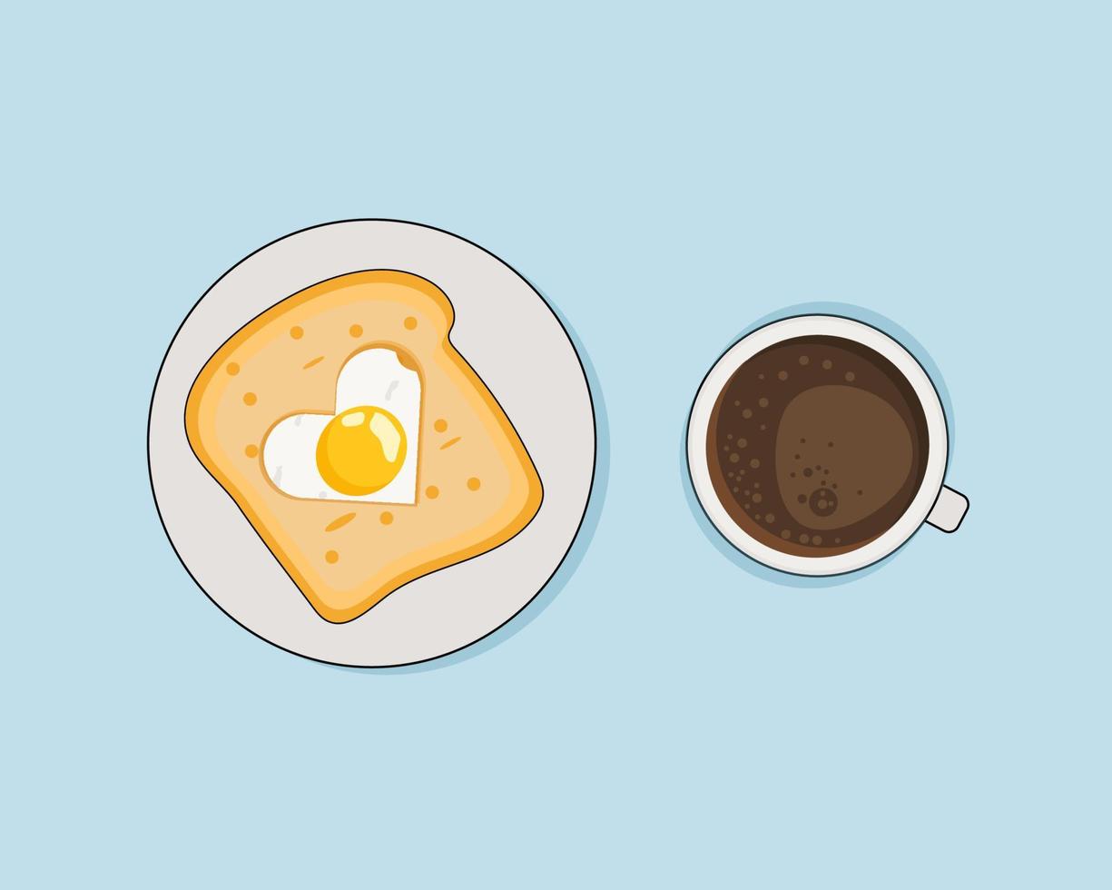 concepto de amor vista superior de pan y huevo frito en forma de corazón y una taza de café caliente. estilo de vector de dibujos animados para su diseño sobre el concepto de San Valentín.