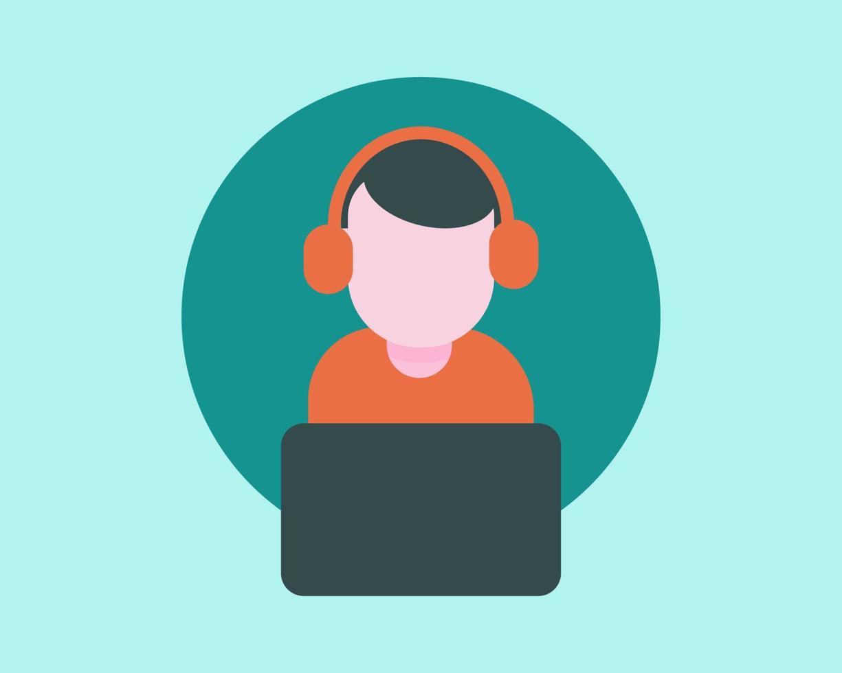 Man with headphone and laptop. Cartoon vector style for your design.