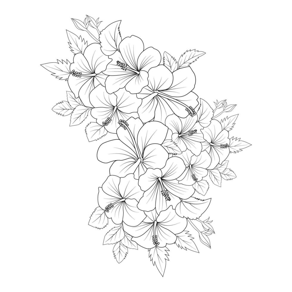 dibujo lineal de página para colorear de flor de hibisco amarillo con plantilla de impresión para niños y adultos vector