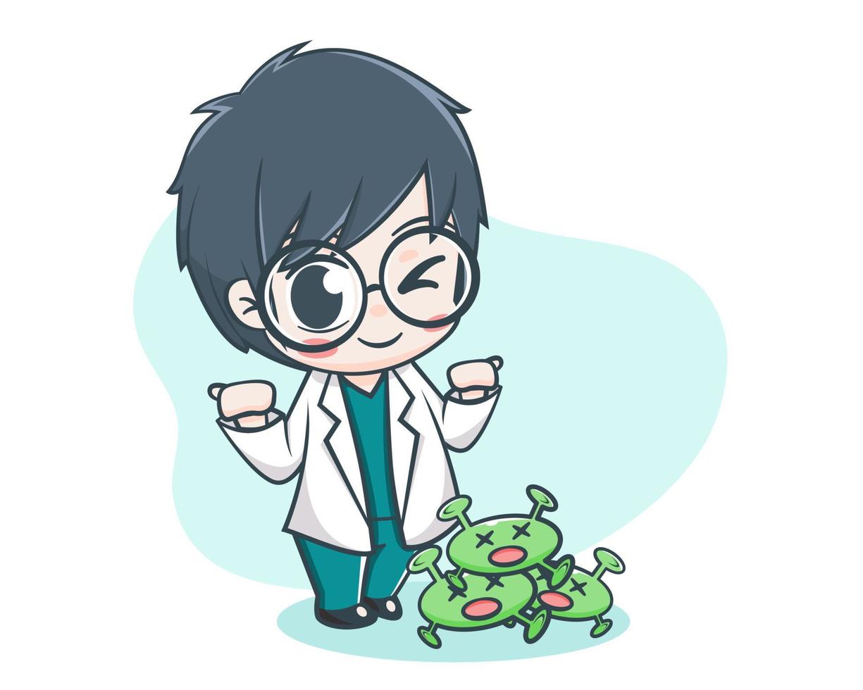 Cute male doctor and viruses cartoon illustration vector