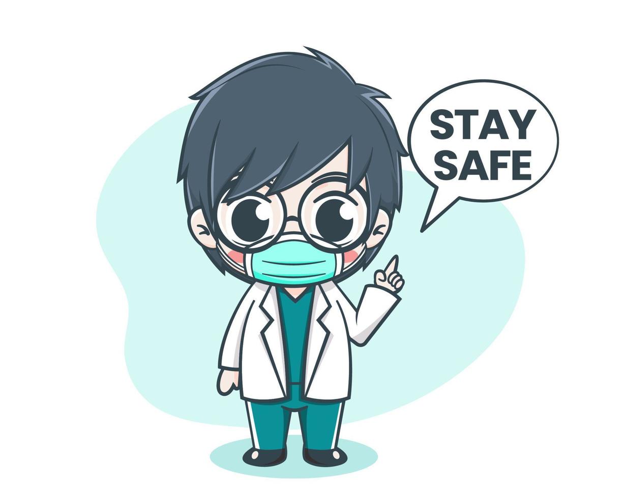 Cute male doctor wearing a mask cartoon illustration vector