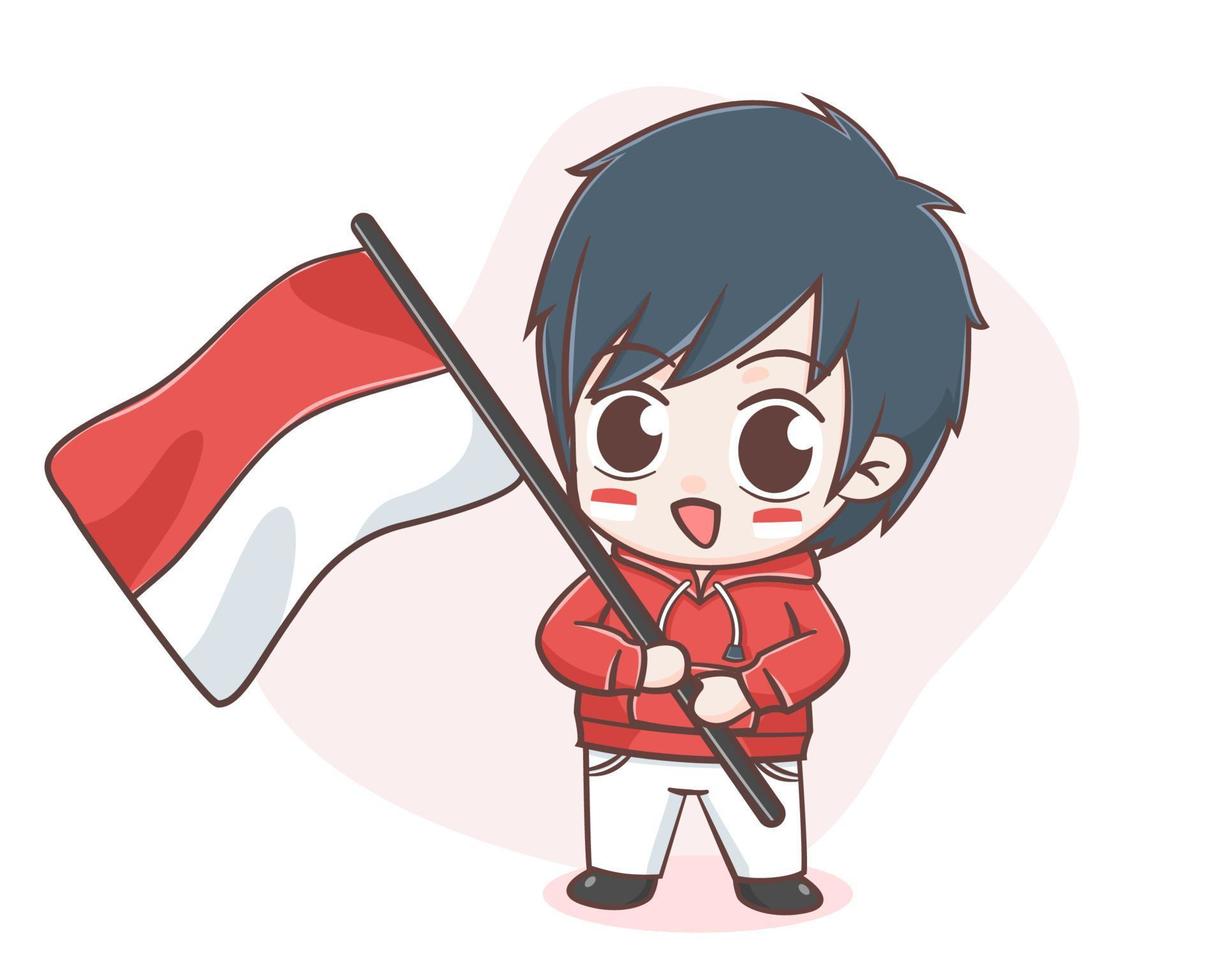 Cute boy holding indonesia flag in independence day vector