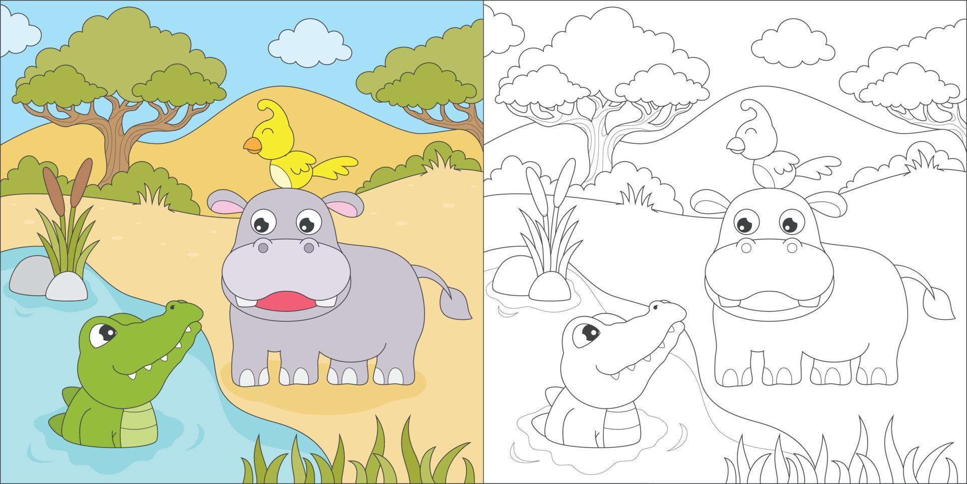 coloring hippo and crocodile vector