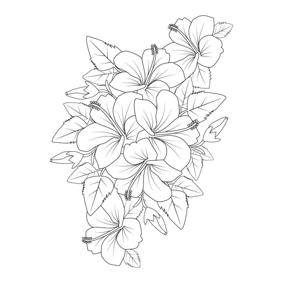 dibujo lineal de página para colorear de flor de hibisco rojo con plantilla de impresión para niños y adultos vector