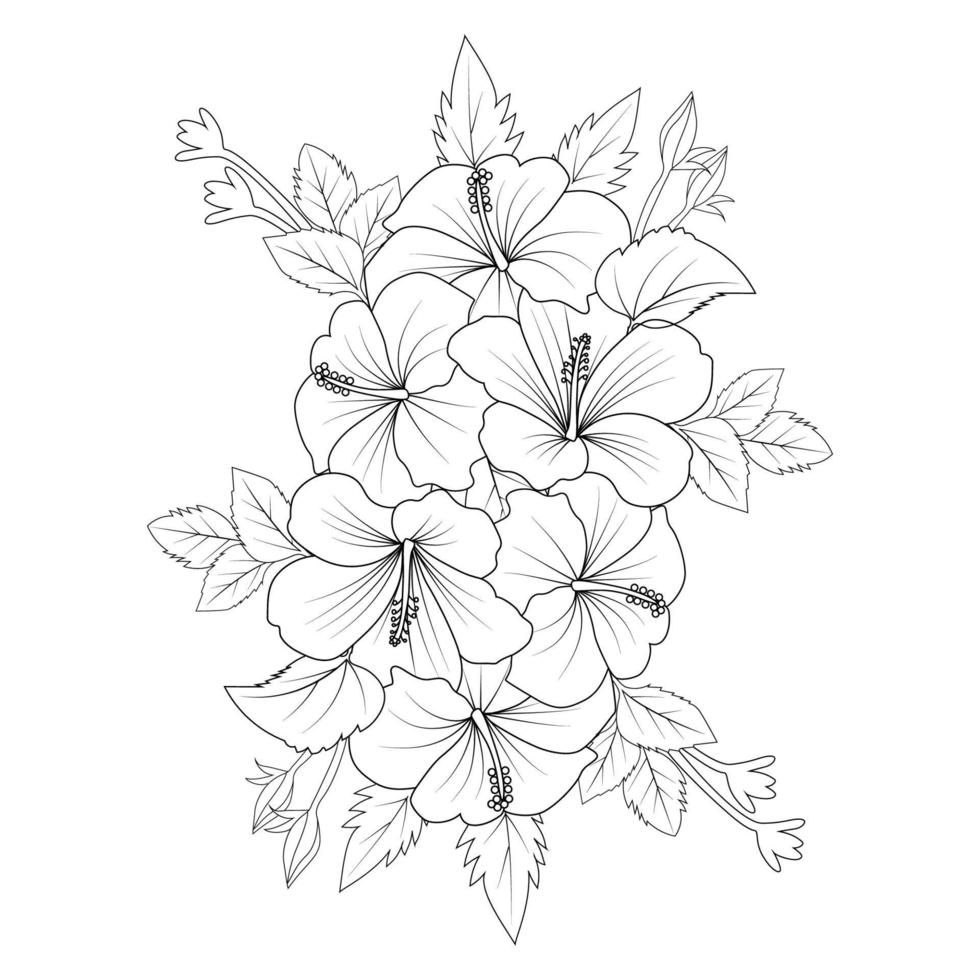 red hibiscus flower coloring page line drawing with print template for kid and adult vector