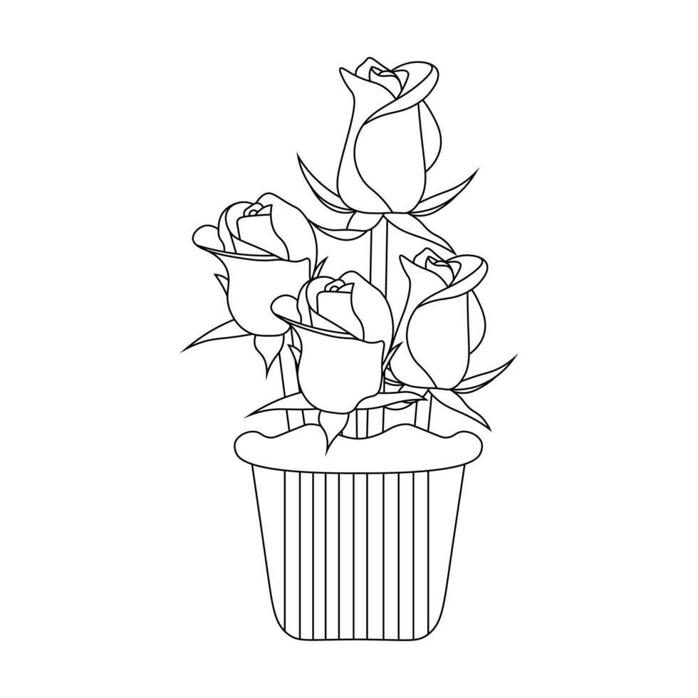 rose flower line art design coloring page drawing illustration with flower vase vector