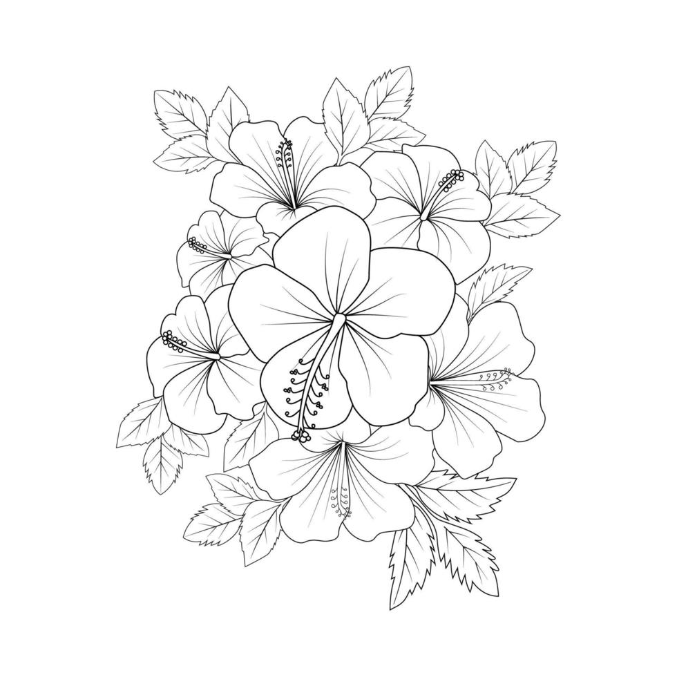 dibujo lineal de página para colorear de flor de hibisco amarillo con plantilla de impresión para niños y adultos vector