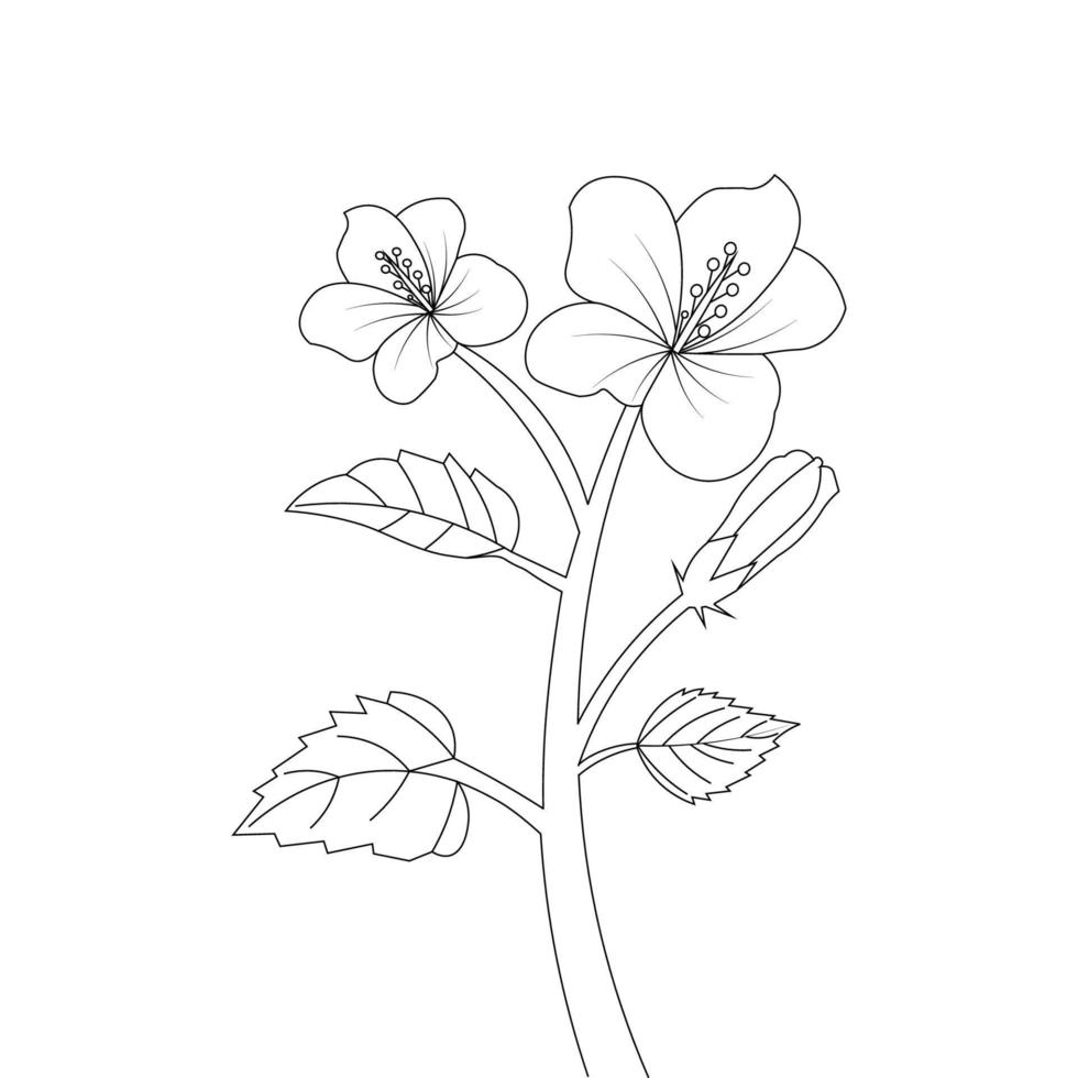 niños coloreando página de ilustración de flor de hibisco con trazo de arte lineal vector