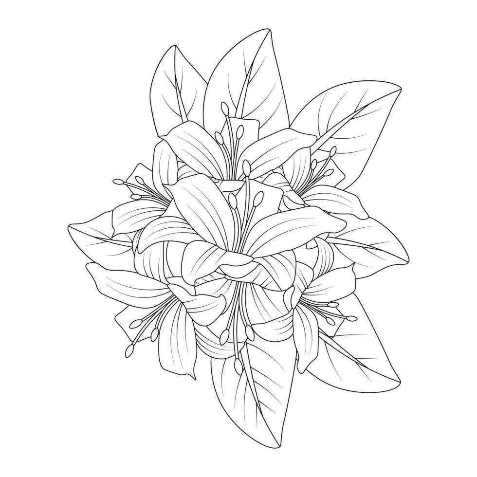 blooming flower with leaves coloring book page element with graphic illustration design vector