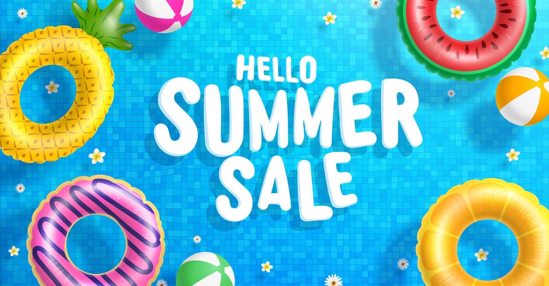 Summer Sale poster and banner template with Colorful Float on water in the tiled pool Background. Sale banner Design for Summer in flat lay styling. Promotion and shopping template for Summer and pool vector