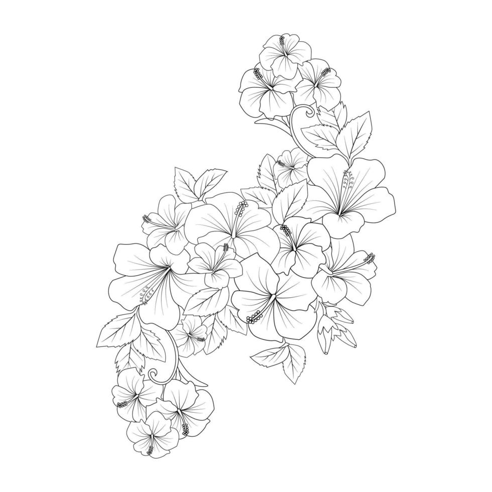yellow hibiscus flower coloring page line drawing with print template for kid and adult vector