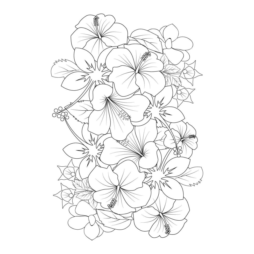 red hibiscus flower coloring page line drawing with print template for kid and adult vector