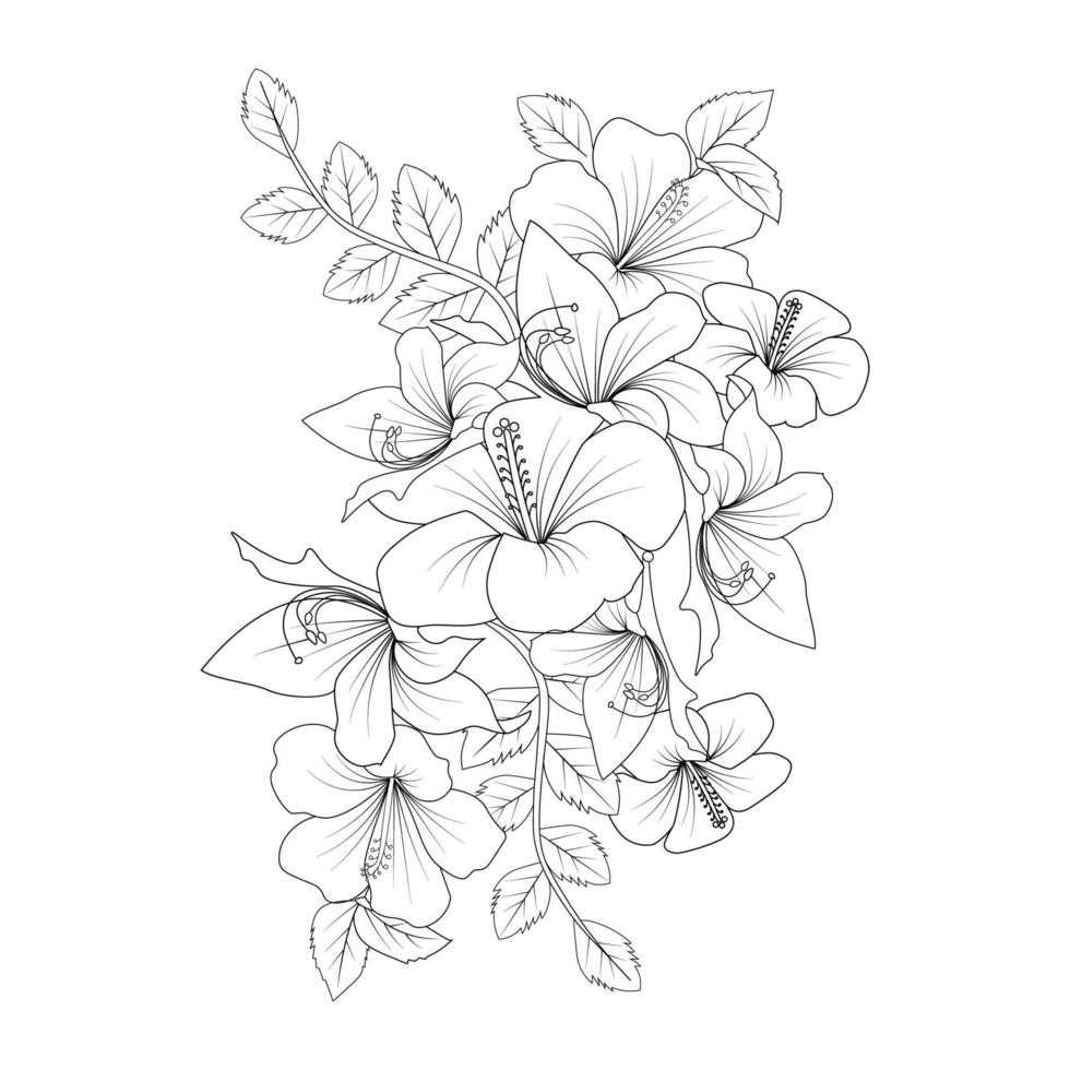 china rose flower doodle coloring page illustration with line art stroke vector