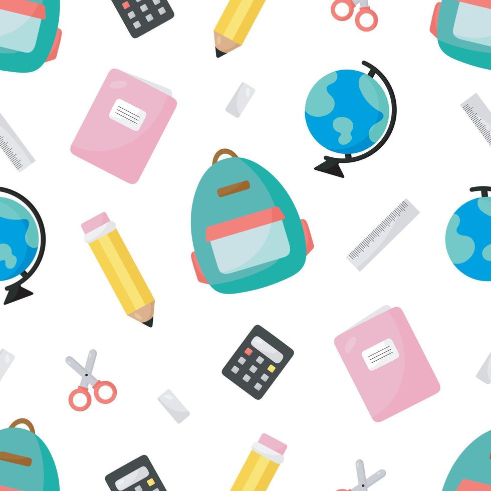Seamless Pattern with School Supplies. Vector illustration. For greeting card, posters, banners, the card, printing on the pack, printing on clothes, fabric, wallpaper.