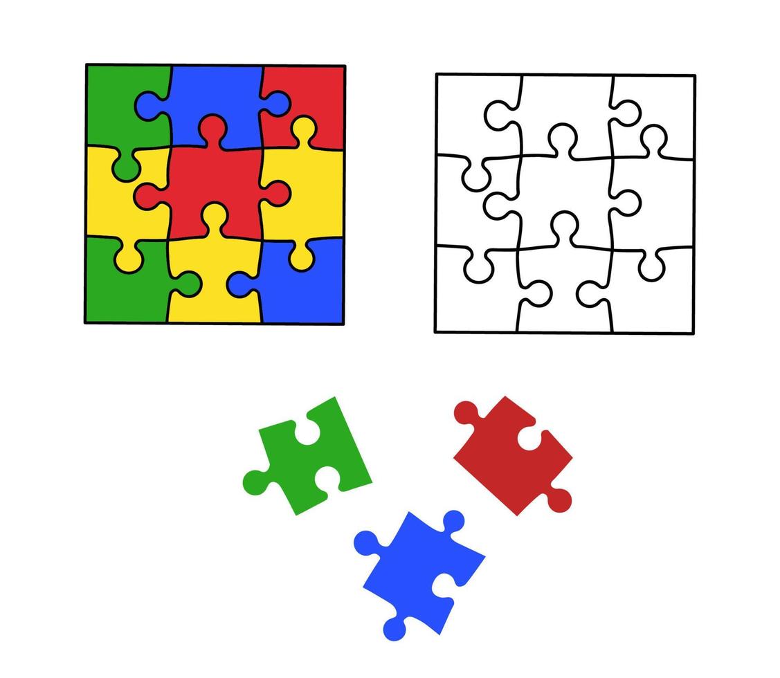 Nine colorful interlocked jigsaw puzzle pieces isolated on white background. Smart technology, creative problem solution. Vector illustration in modern outline style.