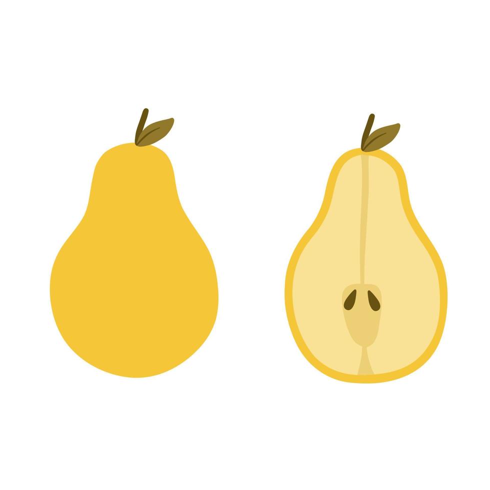 Whole and half Pear fresh fruit icon. Flat vector illustration isolated on white background