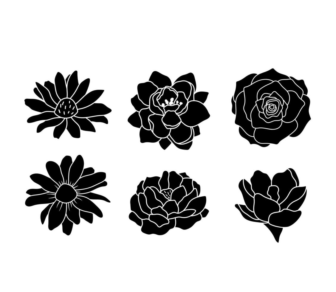 Blossom flower elements isolated on white background. Rose, daisy and peony glyph vector illustration. Set Filled spring flowers