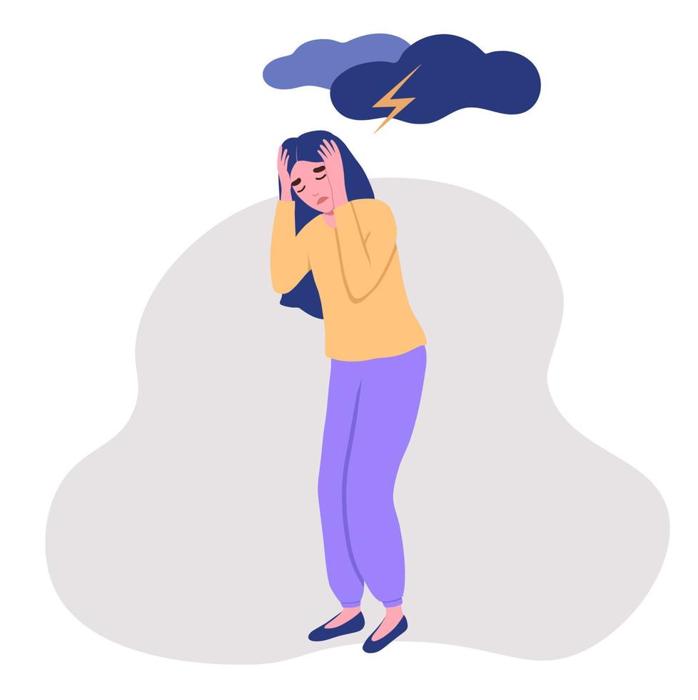 Young woman depressed. Anxiety, fear and stress. Woman holds her head under clouds and thunderstorm.Vector flat illustration isolated on white background. Mental disorder vector