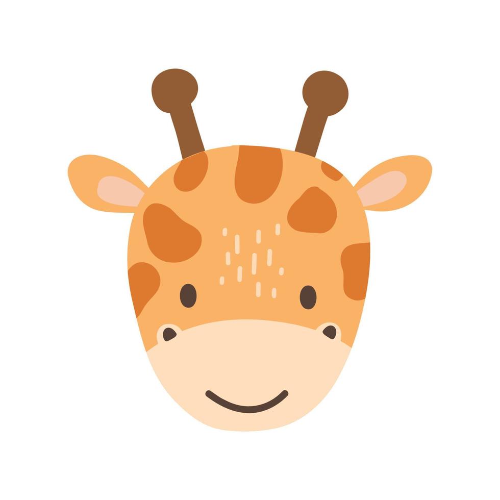 Cute portrait giraffe head in flat style. Drawing animal face isolated on white. Vector illustration for kids poster and card. Jungle animal