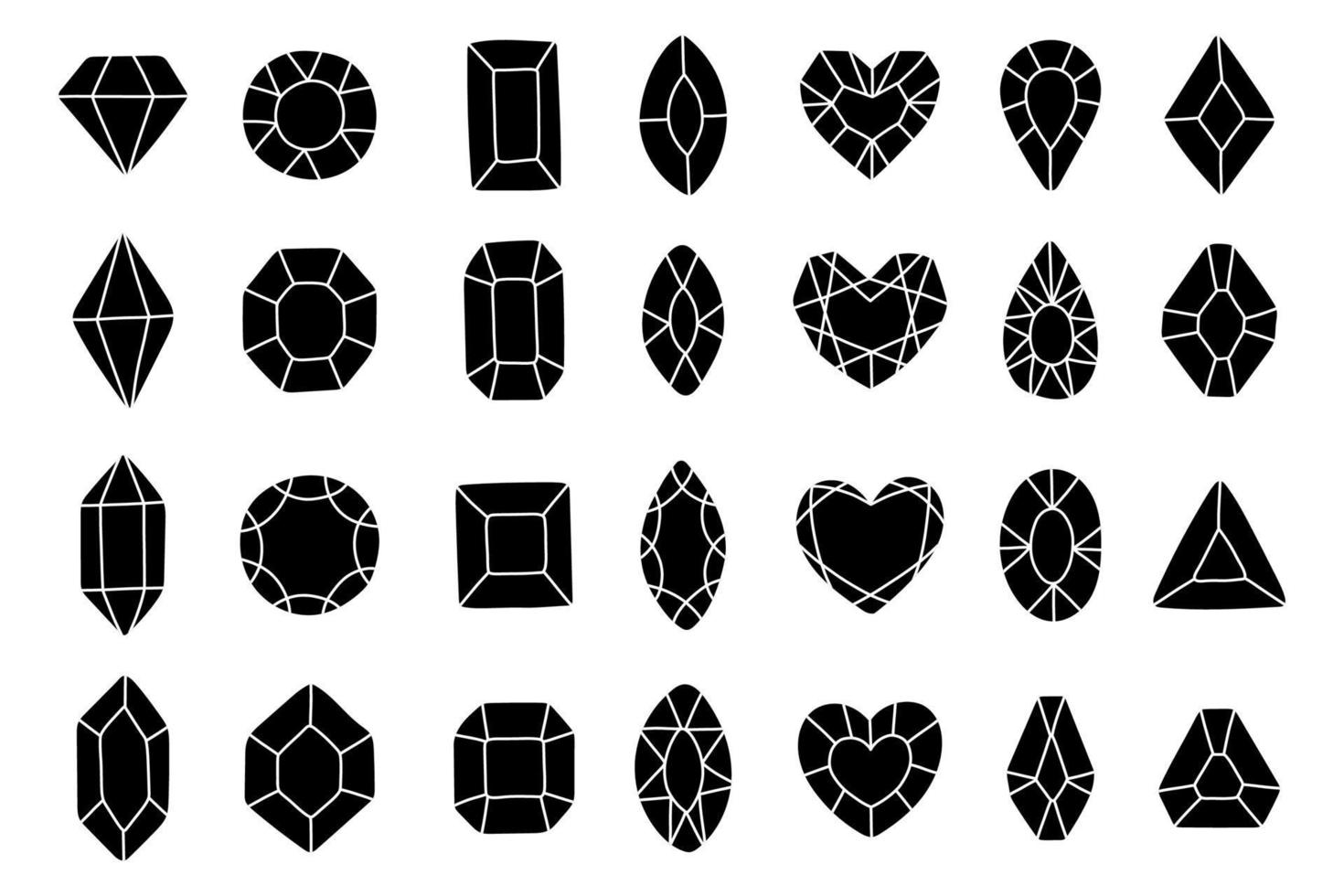 joyas de gemas de diamantes, colección de cristales, conjunto de iconos en blanco y negro ilustración vectorial vector