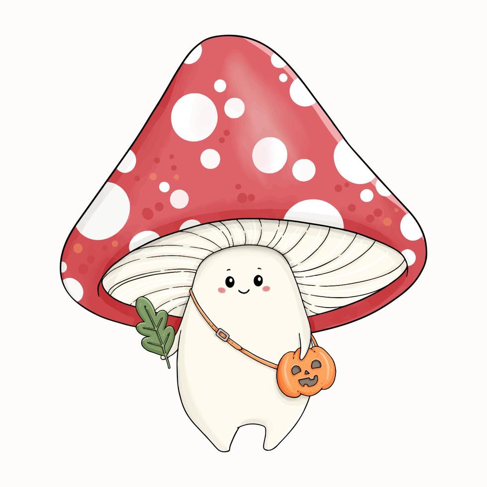 Halloween cute mushroom amanita with jack o lantern bag vector illustration