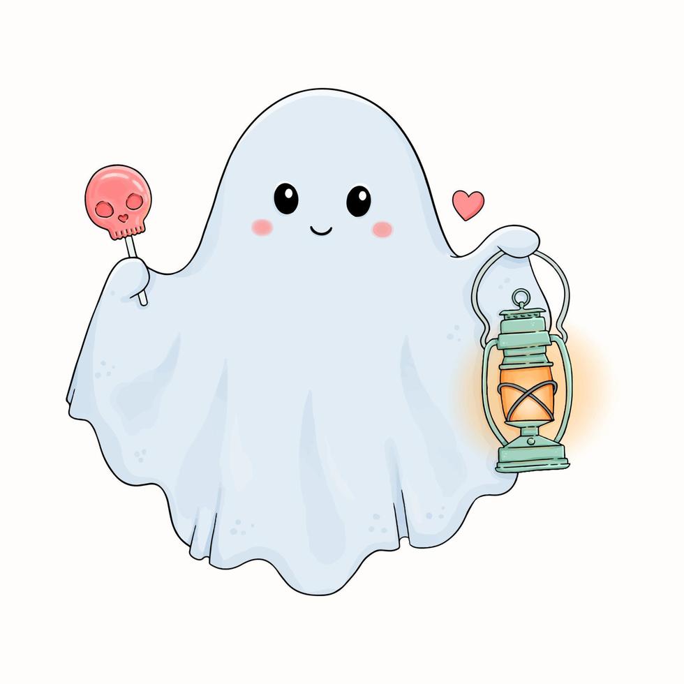 Halloween cute ghost with scull lollipop and lantern vector illustration