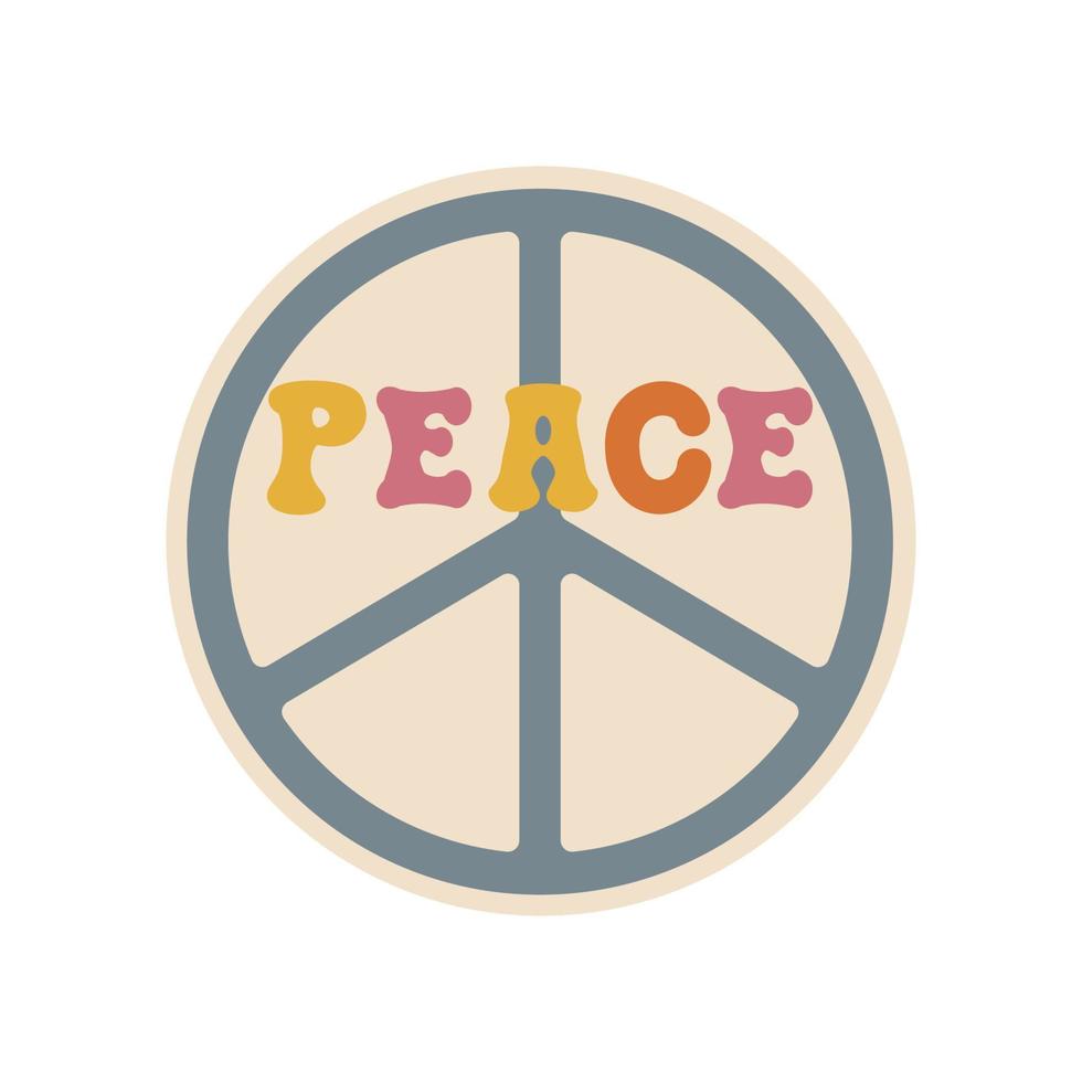 Groovy sticker. Phrase peace. Retro design, pastel colors. Vector illustration.