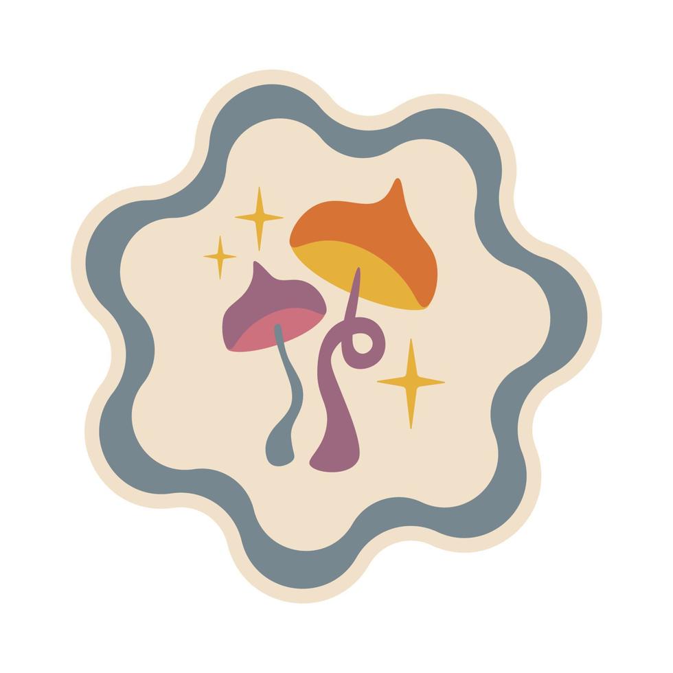 Aesthetics of the seventies, fun groovy mushroom sticker. Retro design, muted colors. Vector illustration.