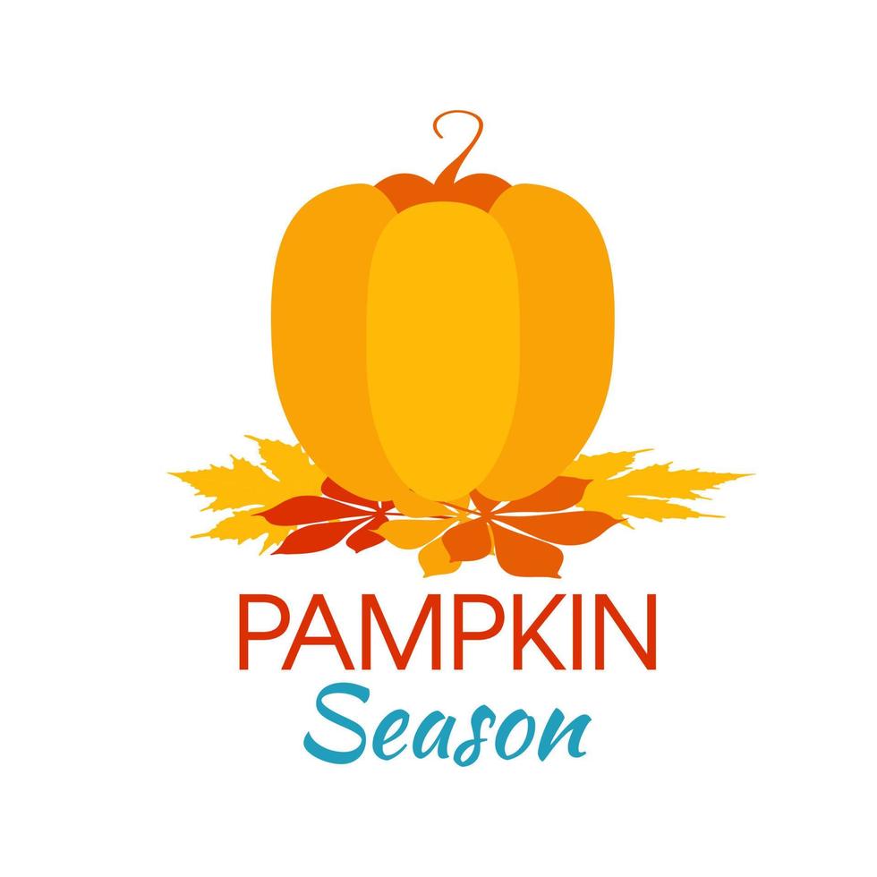 Congratulations Autumn. Vector illustrations with simple pictures. Hello fall. Signature Pampkin Season. Orange vegetable. Leaves