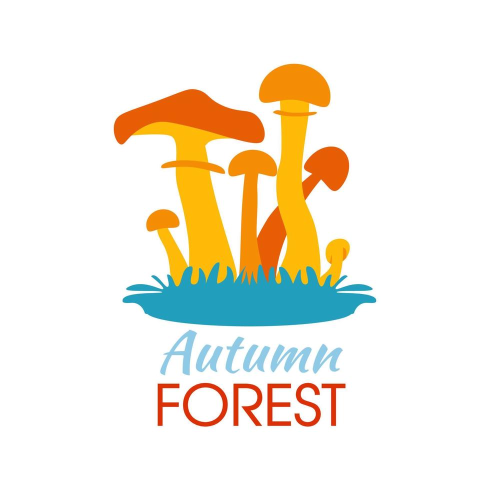 Congratulations Autumn. Vector illustrations with simple pictures. Hello fall. Mushrooms honey agaric. Signature Autumn forest.